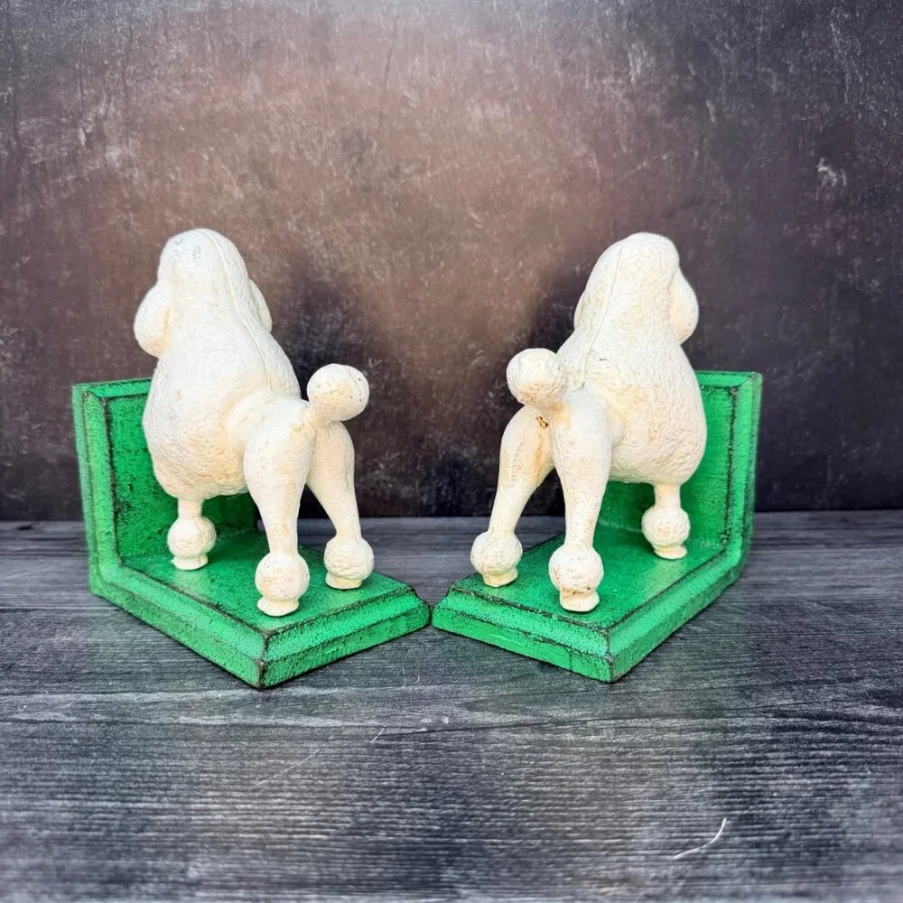 Cast Iron White Poodle Dog Bookends Pair Vintage Style Midcentury MCM Heavy